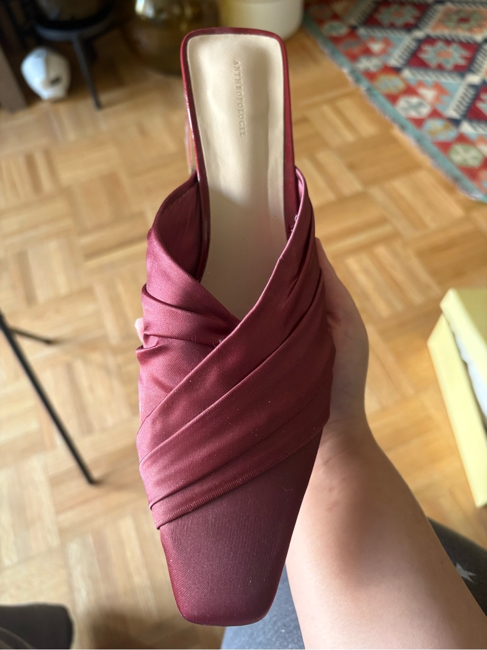 Anthropologie Satin Burgundy Square-Toe Mules - Picture 10 of 12